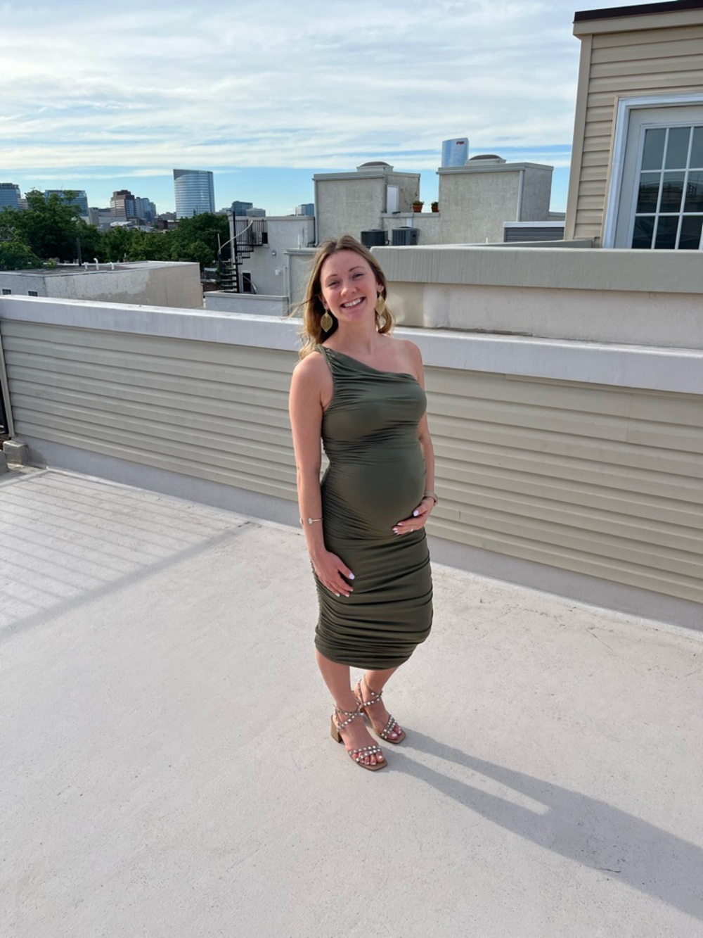 PinkBlush Olive Ruched One Shoulder Maternity Dress